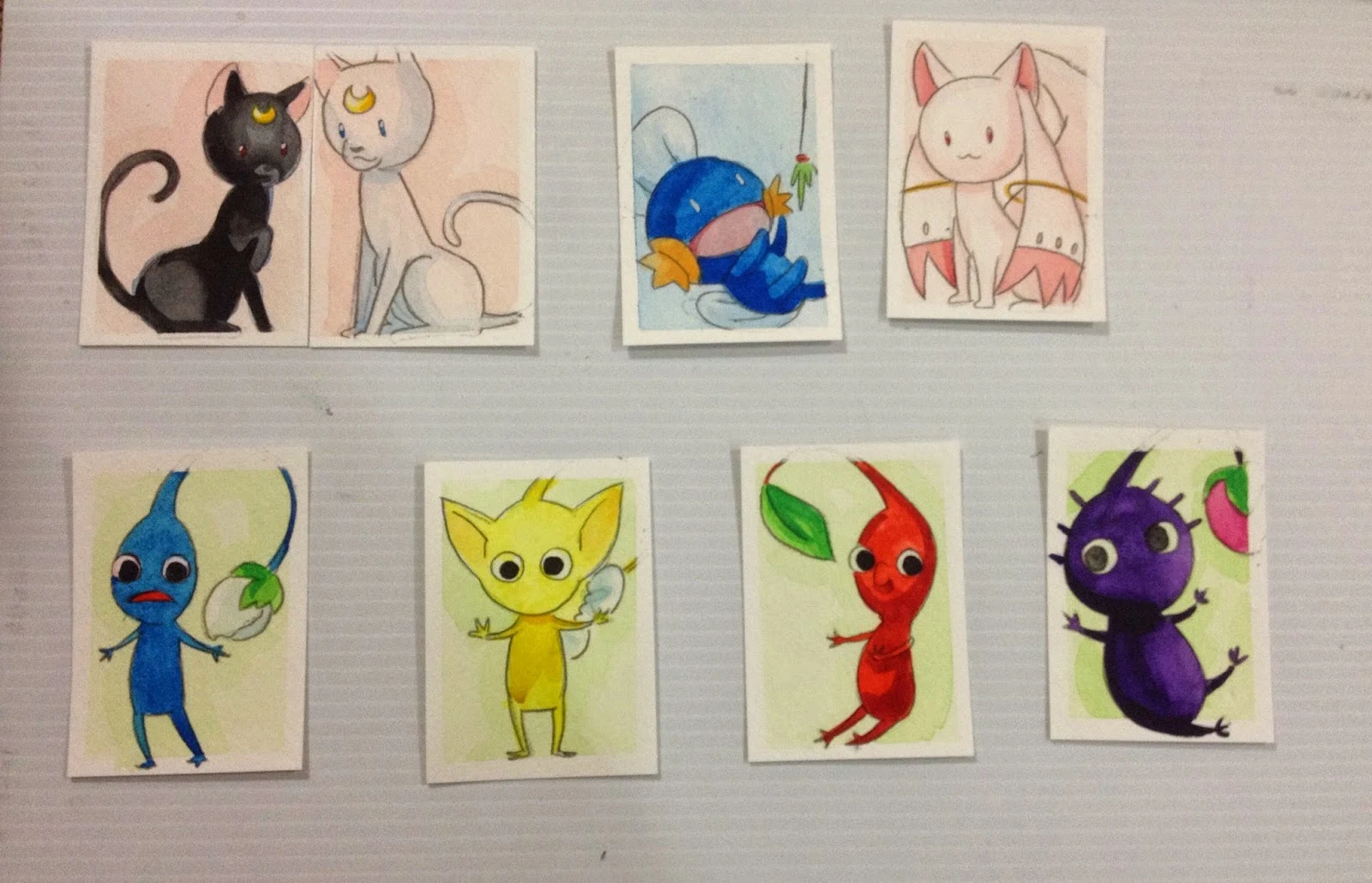 mini watercolors, GMX, Pikmin, Madoka, Kyubey, Luna and Artemis