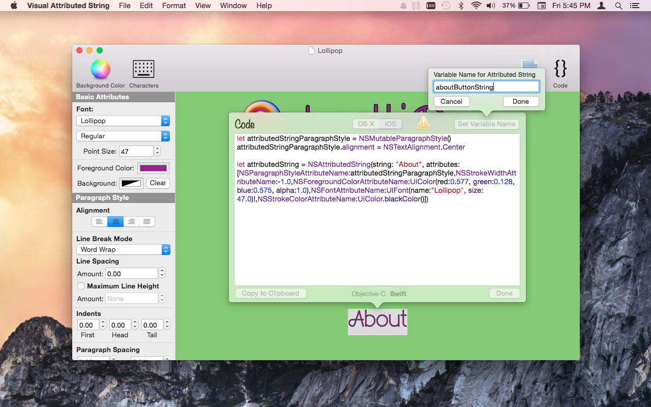 Visual Attributed String Mac App screenshot showing variable name popover.