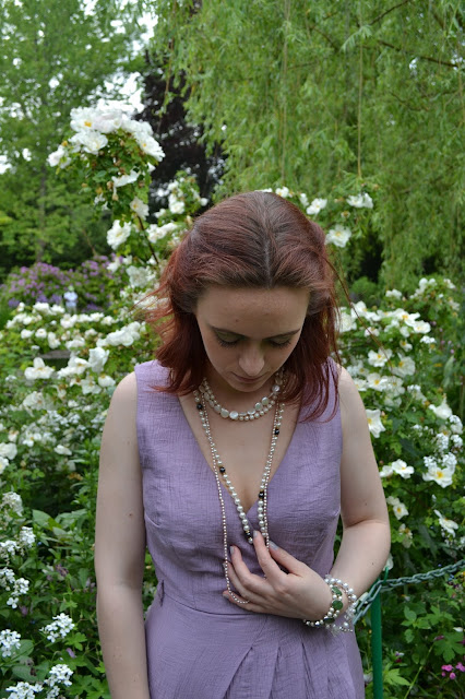 Giverny Monet's Garden pastel iridescent lilac dress pearls