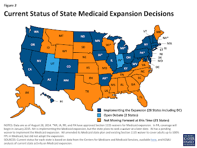 Map of the U.S. showing the States that have expanded Medicaid, still debating expansion, and not moving forward at this time.