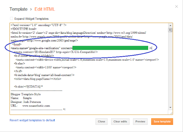 Cara Mendaftarkan Blog ke Google Webmaster Tools - Menaruh Meta Tag Verifikasi di Blog Blogger/Blogspot