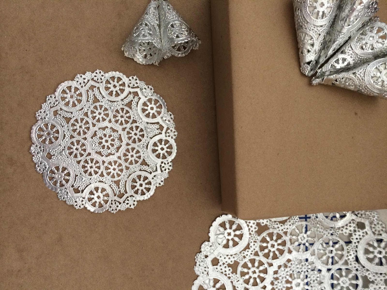 Wrap you package in kraft paper and collect four silver 4inch doilies