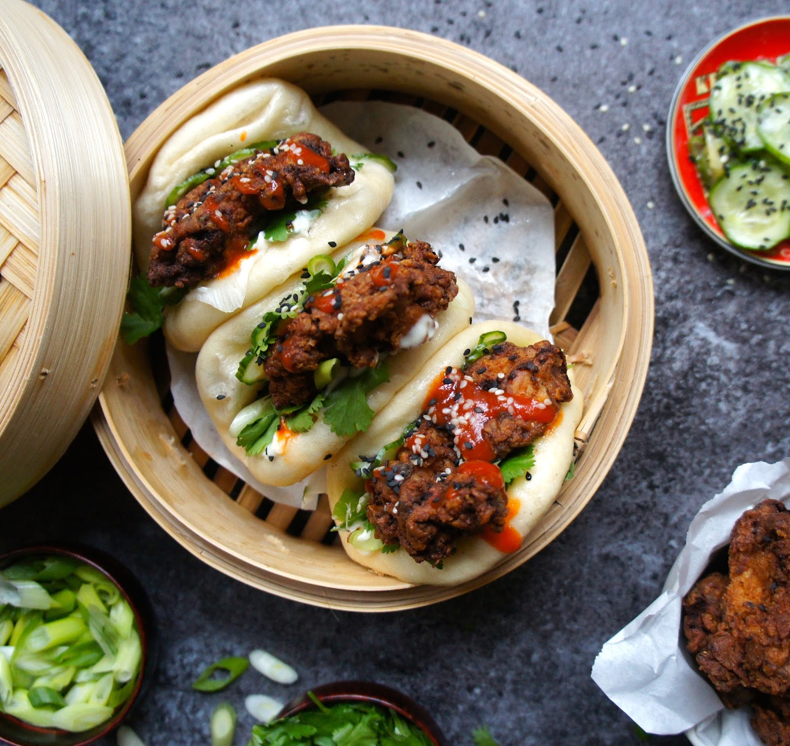 Notes of Bacon Gua bao with spicy fried chicken