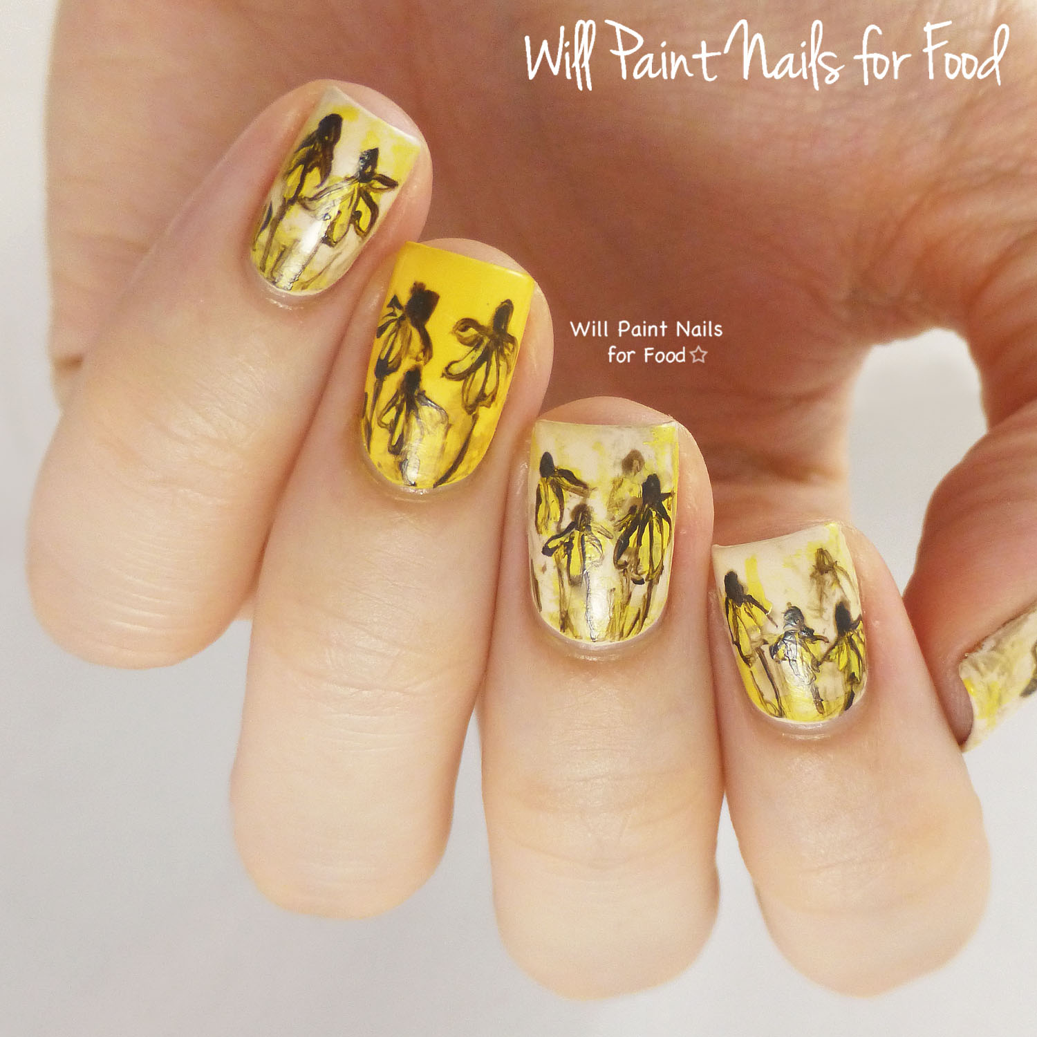 Cone flowers freehand nail art
