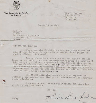 Carta de Thorir Olafsson a Ángel Ribera en 1964