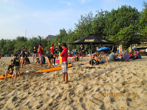 The beach scene on Kuta beach.