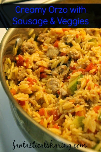 Creamy Orzo with Sausage & Veggies | A killer one pot meal with zucchini, tomato, sausage, and delicious orzo pasta #recipe
