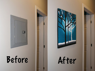 Before and after covering an electrical box using artwork