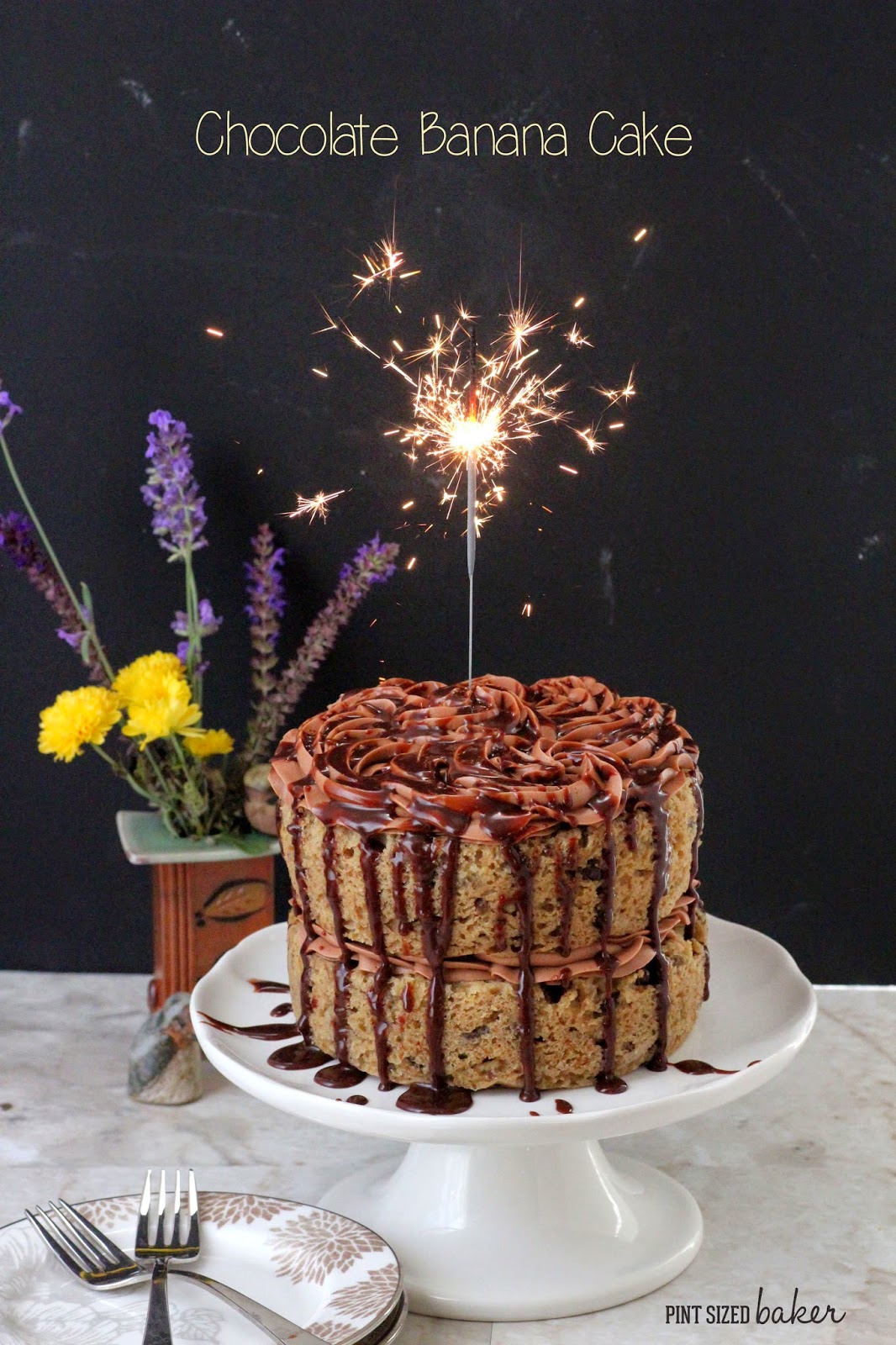 Celebrate your next birthday with a banana cake that is full of walnuts and chocolate chips and topped with an easy chocolate hazelnut frosting. 