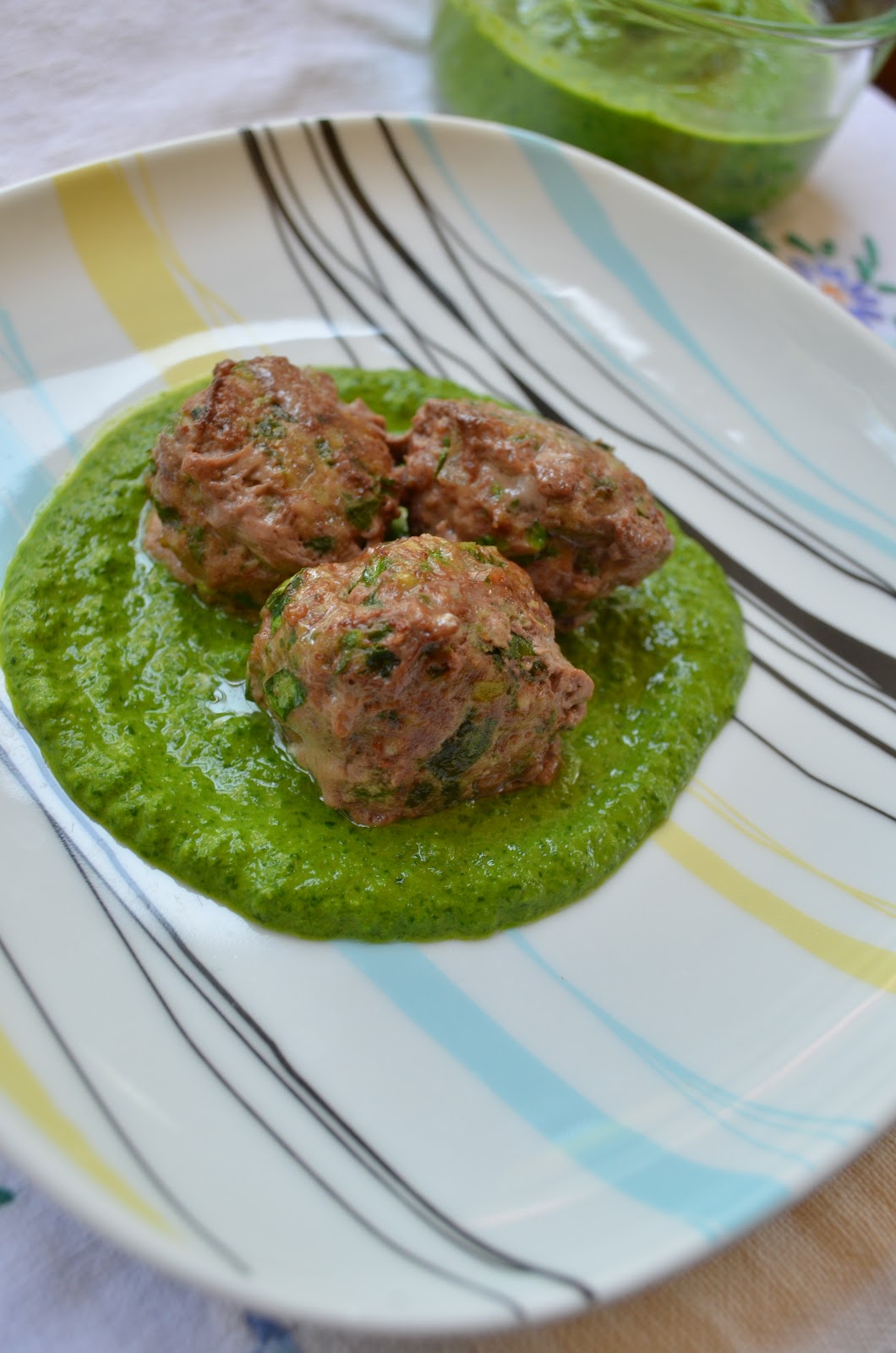 iron stef goat cheese stuffed lamb balls with spinach cumin pesto
