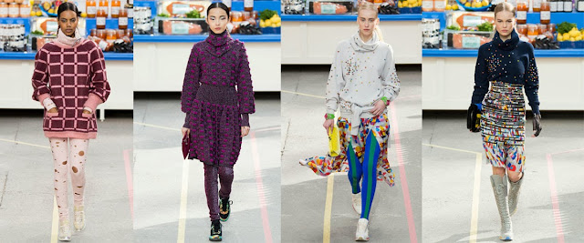 Chanel Faz desfile de Outono/Inverno 2014/15 em Supermercado. Eu já falei varias vezes que não gosto das coleções de inverno principalmente por causa das cores. Acho muito fechada e quando visto roupas com cores fechadas me cinto feia, velha... Mas Ô isso é coisa minha. Mas essa semana a Chanel fez um desfile para mostrar sua coleção de Outono/Inverno 2014/15 e fiquei um pouco animada principalmente com as cores, barriga de fora e muita cor, cores vivas e alegres como o laranja, rosa, verde, amarelo entre outras.
