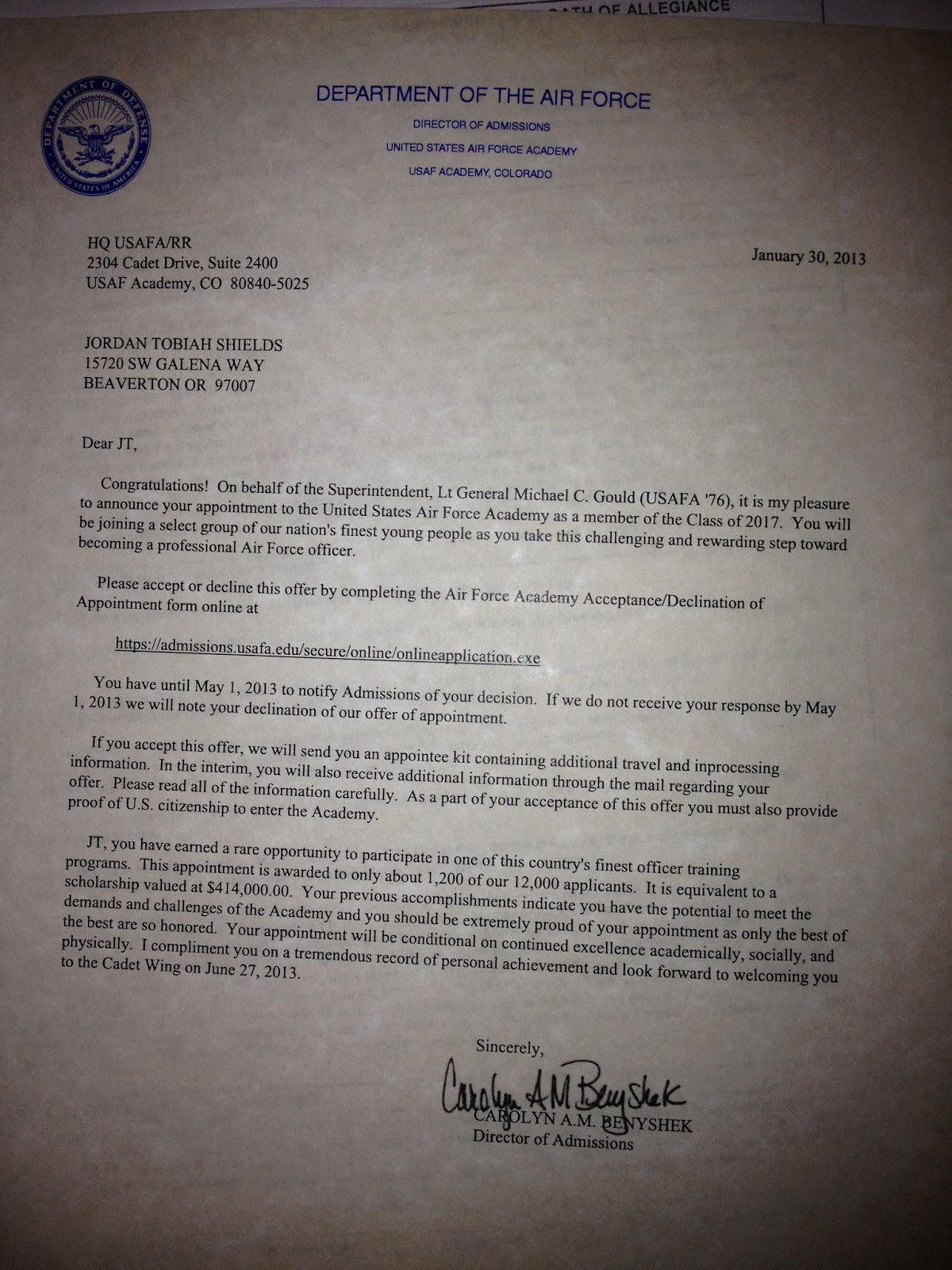 Air force appointment letter afi image