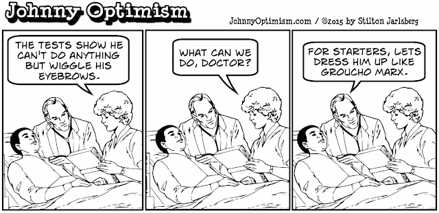 johnny optimism, medical, humor, sick, jokes, boy, wheelchair, doctors, hospital, stilton jarlsberg, coma, paralysis, groucho, eyebrows