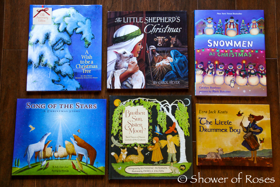 Shower of Roses Stacks of Books on Christmas Morning