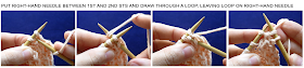 put right-hand needle between 1st and 2nd sts and draw through a loop, leaving loop on right-hand needle