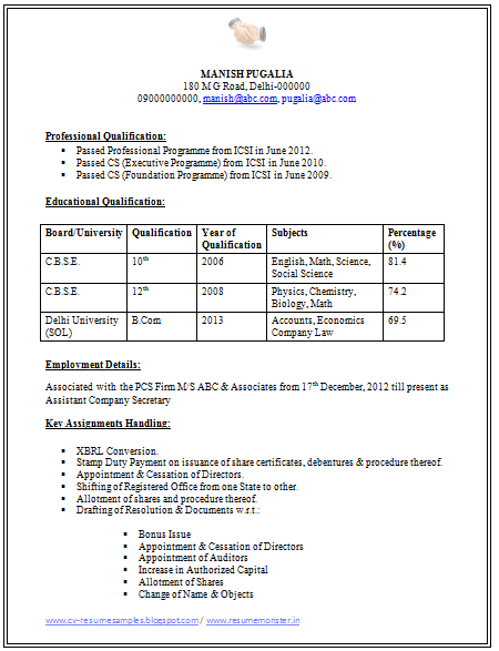 secretary resume format resume for a secretary office resume format for company secretary internship