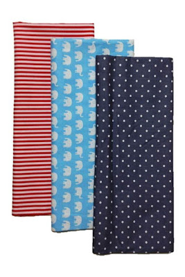Red stripes, blue elephants, grey spots fabric