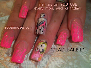 dead barbie nail, halloween nail art, blood splatter nail, barbie nail, barbie nails, pink barbie nail, barbie and ken nail, barbie and ken nail design crime scene murder killer barbie horror halloween 2011