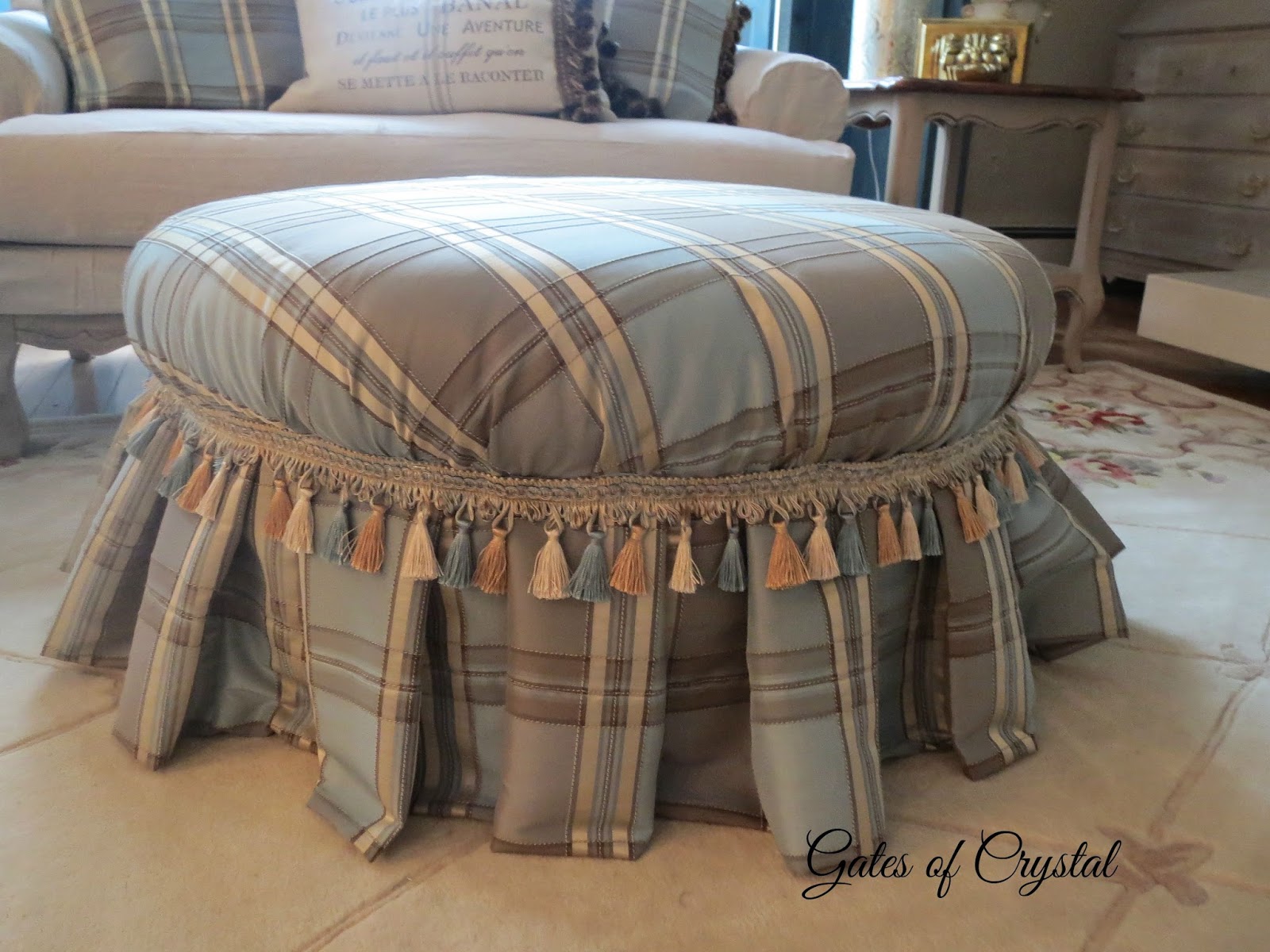 Gates of Crystal Reupholstering a Round Ottoman With Almost No Sewing!