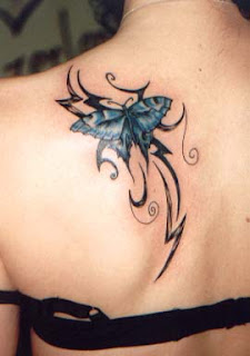 Butterfly Tattoo with Tribal Design on Girls Back
