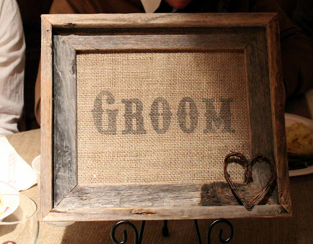 I also learned to print on burlap and made these'Bride' and'Groom' signs