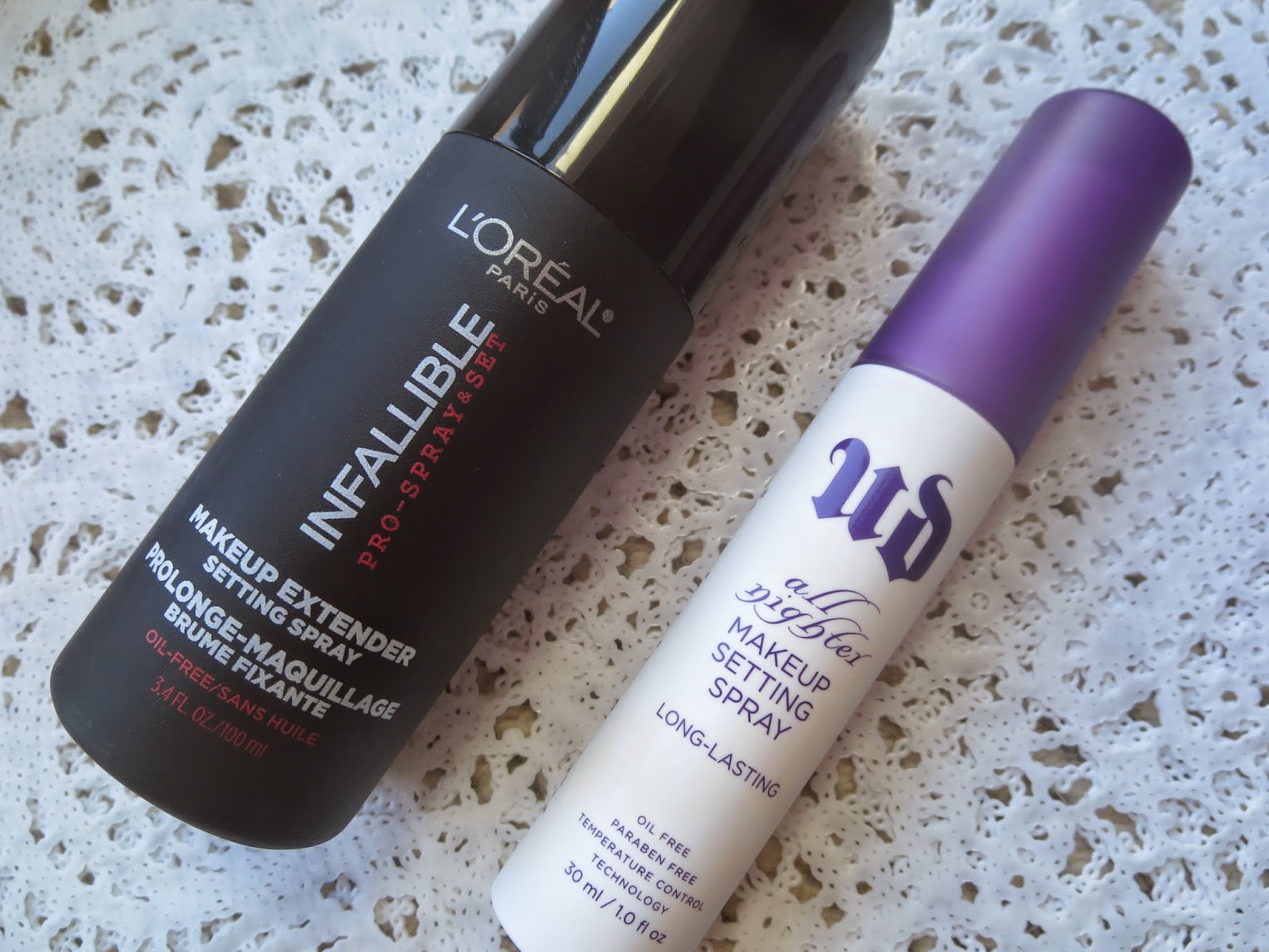 a picture of L'Oreal Infallible Pro-Spray & Set Makeup Extender Setting Spray and Urban Decay All Nighter