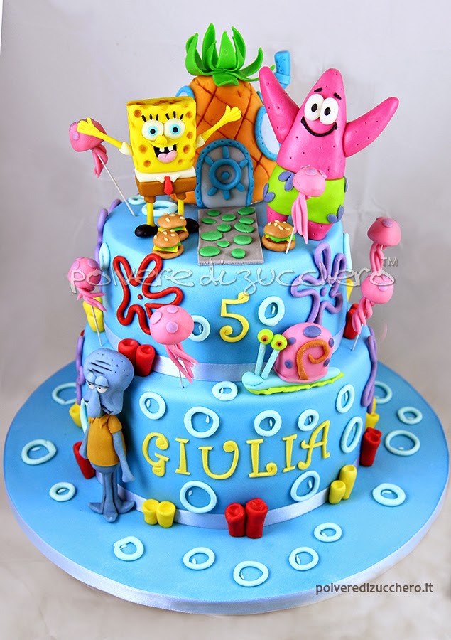 spongebob cake: torta decorata con sponge, patrick, squiddi, gary in pasta di zucchero