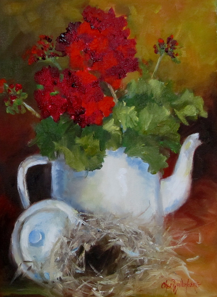 Dancing Brush Art by Cheri Wollenberg Red Geraniums in White