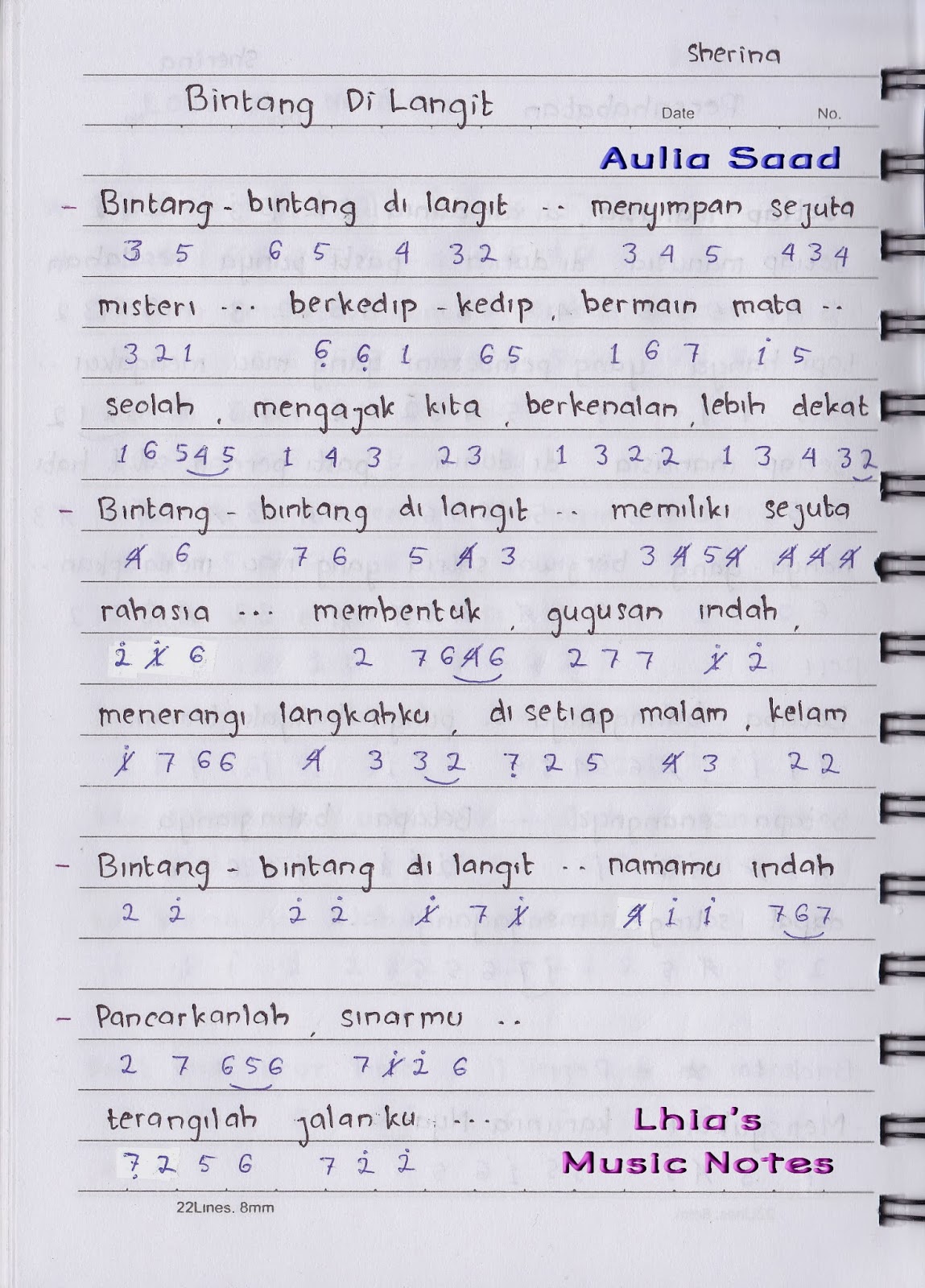 Not Angka Sherina Bintang Di Langit Aulia S World