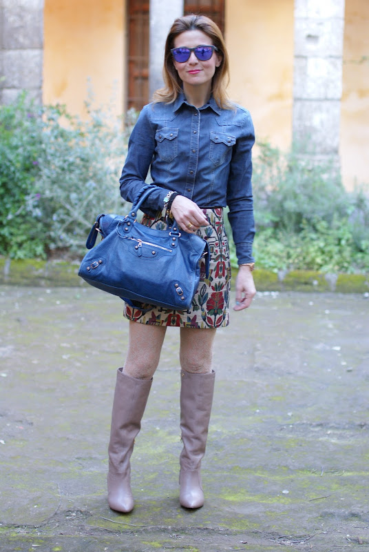 jeans shirt, Zara miniskirt, Balenciaga city bag
