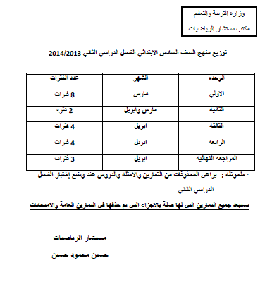 توزيع منهج الرياضيات للصف السادس الابتدائى الترم الثانى 2014 بعد التعديل المنهاج مصر