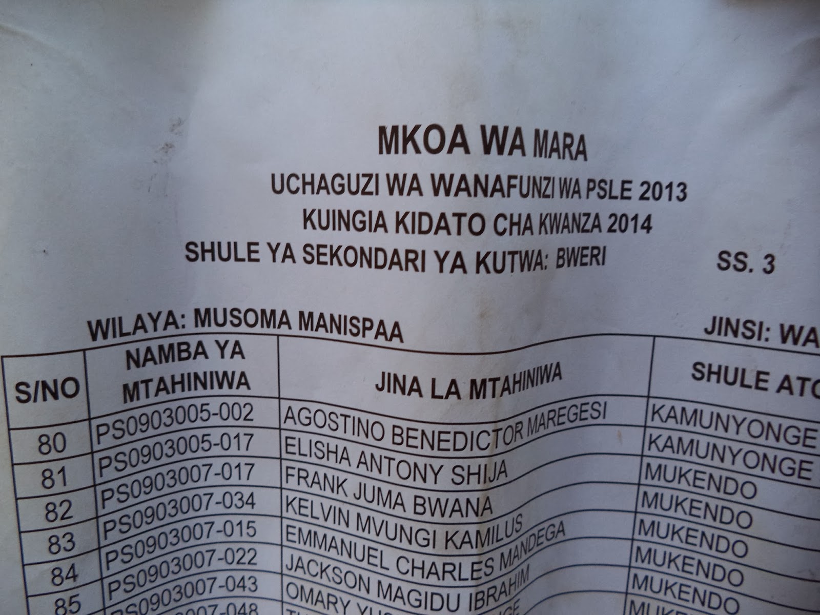 MAJINA YA WANAFUNZI WALIOCHAGULIWA KUJIUNGA NA KIDATO CHA KWANZA