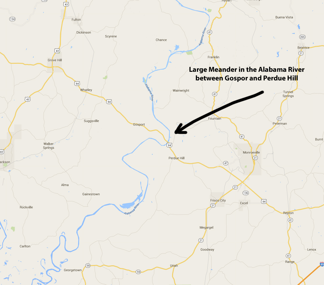 the alabama river makes a large meander in this area so that it creates a virtual loop around the highway and all the cotton fields the alabama river makes a large meander in this area so that it creates a virtual loop around the highway and all the cotton fields