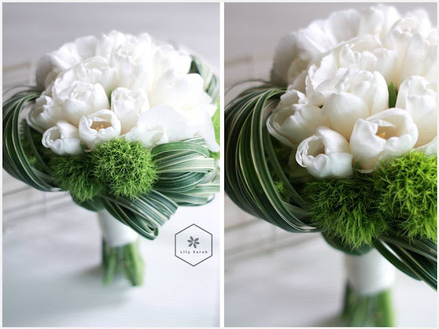 white hydrangea and tulip bouquet by lily sarah