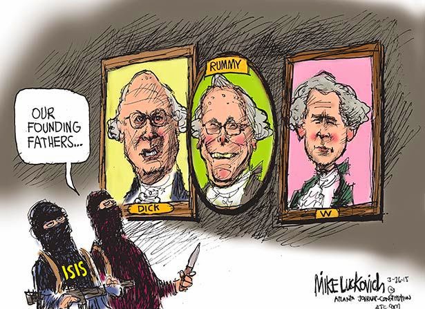Members of ISIS looking at portraits of Dick Cheney, Geoge W. Bush, and Donald Rumsfeld.  One says to the other, 