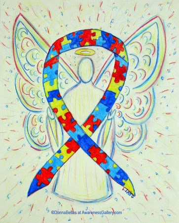 Autism (ASD) Puzzle Piece Awareness Ribbon Angel Art Painting Puzzle Piece Awareness Ribbon Guardian Angel Art Original Painting
