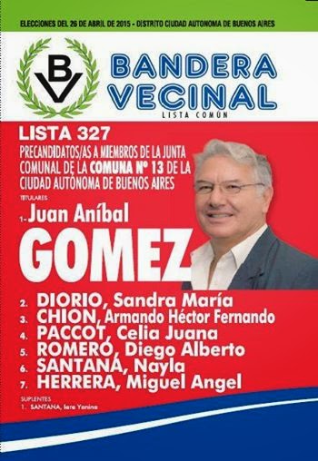 BOLETA OFICIAL Elecciones 2015 - 1° Candidato a la Junta Comunal por Partido Bandera Vecinal