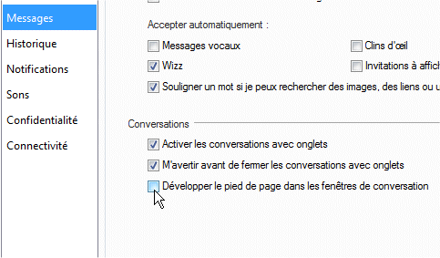 capture d'écran Windows Live Messenger - fenêtre des options