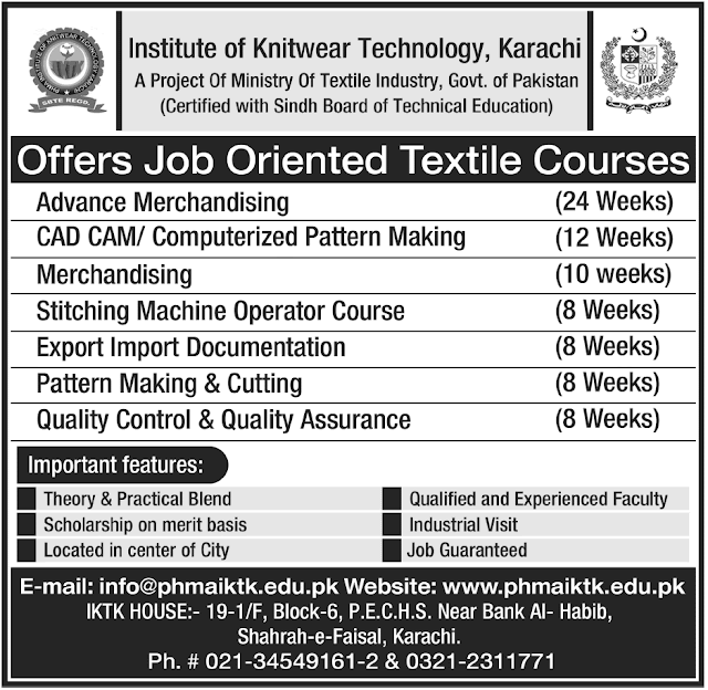 Offers Job Oriented Textile Courses Institute of Knitwear Technology