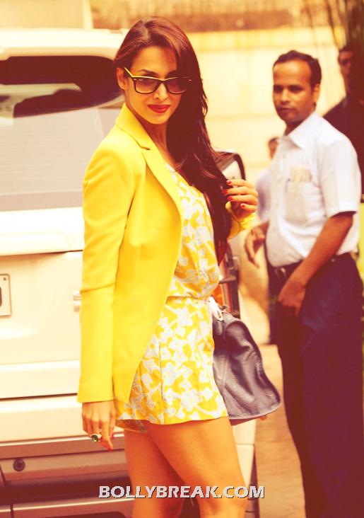 Malaika Arora Khan Hot Legs thighs Show in short dress, yellow jacket - Malaika Arora Hot Pic - Sexy Legs