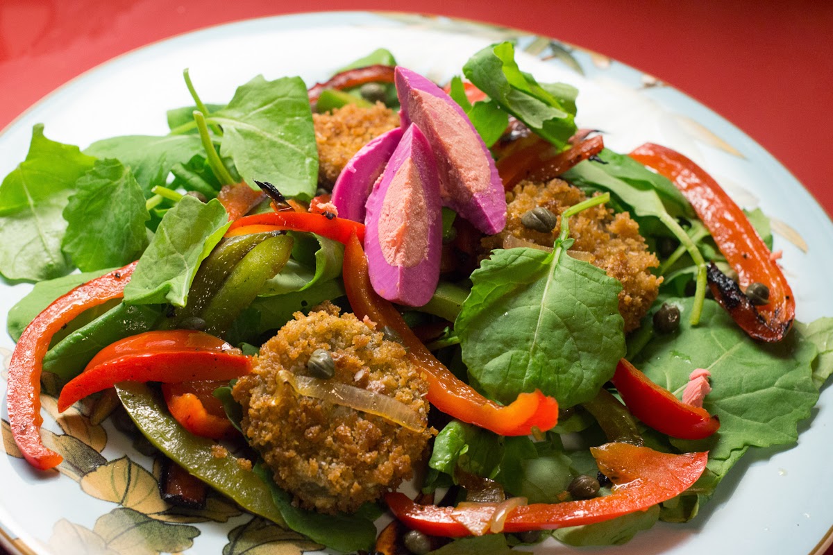 Fried Bull Testicle Salad with Capers and Peppers
