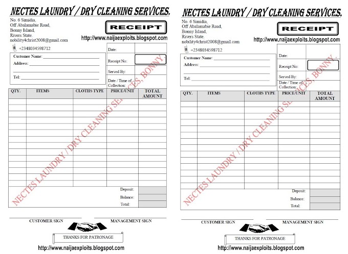 Laundry / Dry Cleaning Services Receipt Sample