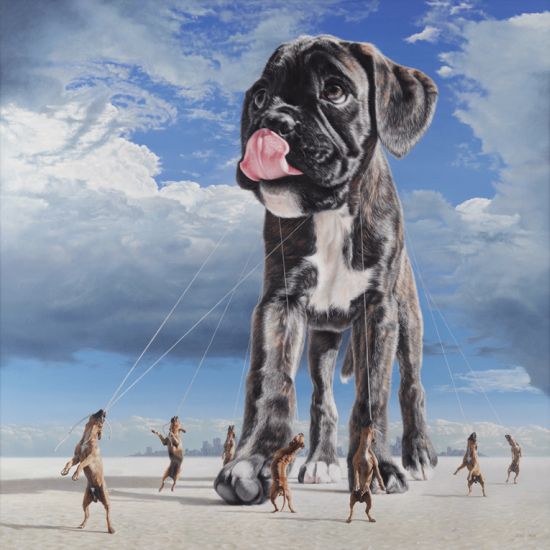 Joel Rea pintura hiper-realista surreal cães gigantes caindo céu Andando sozinho Joel Rea pintura hiper-realista surreal cães gigantes caindo céu Andando sozinho