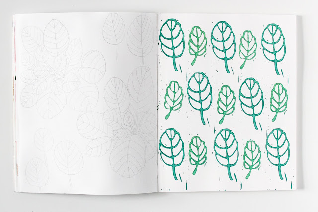 2x2 Sketchbook, Dana Barbieri, Anne Butera, lino print, sketches, sketchbook, leaves