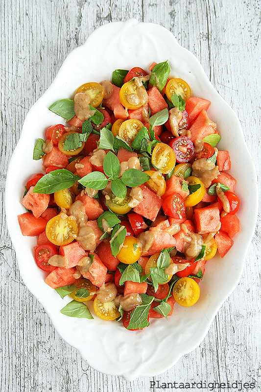 Watermeloen tomatensalade met vijgendressing Plantaardigheidjes