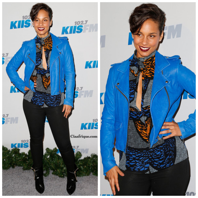 celebrities in african print  Alicia Keys’s KIIS FM Jingle Ball 2012 Turquoise Leather Jacket, Burberry Prorsum Printed Top