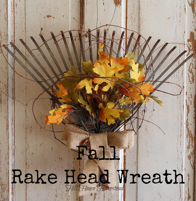 Old rake fall wreath, a lovely alternative to a traditional round wreath, by Hill House Homestead, featured on http://www.ilovethatjunk.com