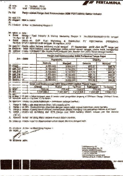 SOLAR INDUSTRI : Publish Harga Solar Industri Pertamina periode 1-15