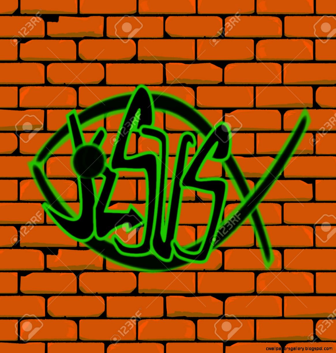Graffiti Depicting A Christian Fish On A Brick Built Wall With Graffiti Depicting A Christian Fish On A Brick Built Wall With