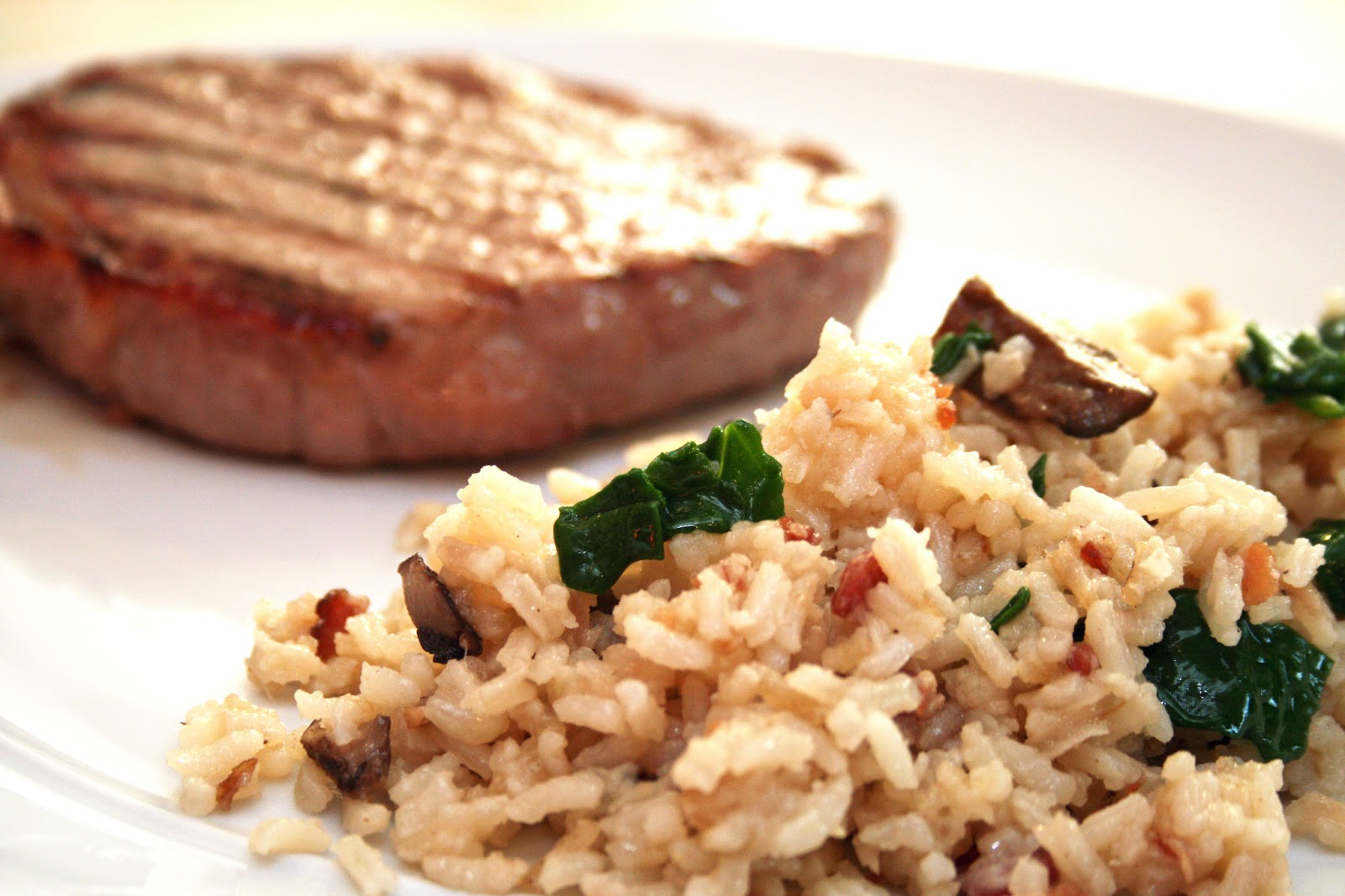 Lazy Gluten Free Bacon and Mushroom Risotto with Baby Spinach